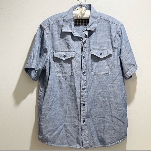 WOOLRICH Men’s Blue Chambray ATLAS Short Sleeve Button Down Shirt Cotton Size XL - Picture 2 of 8